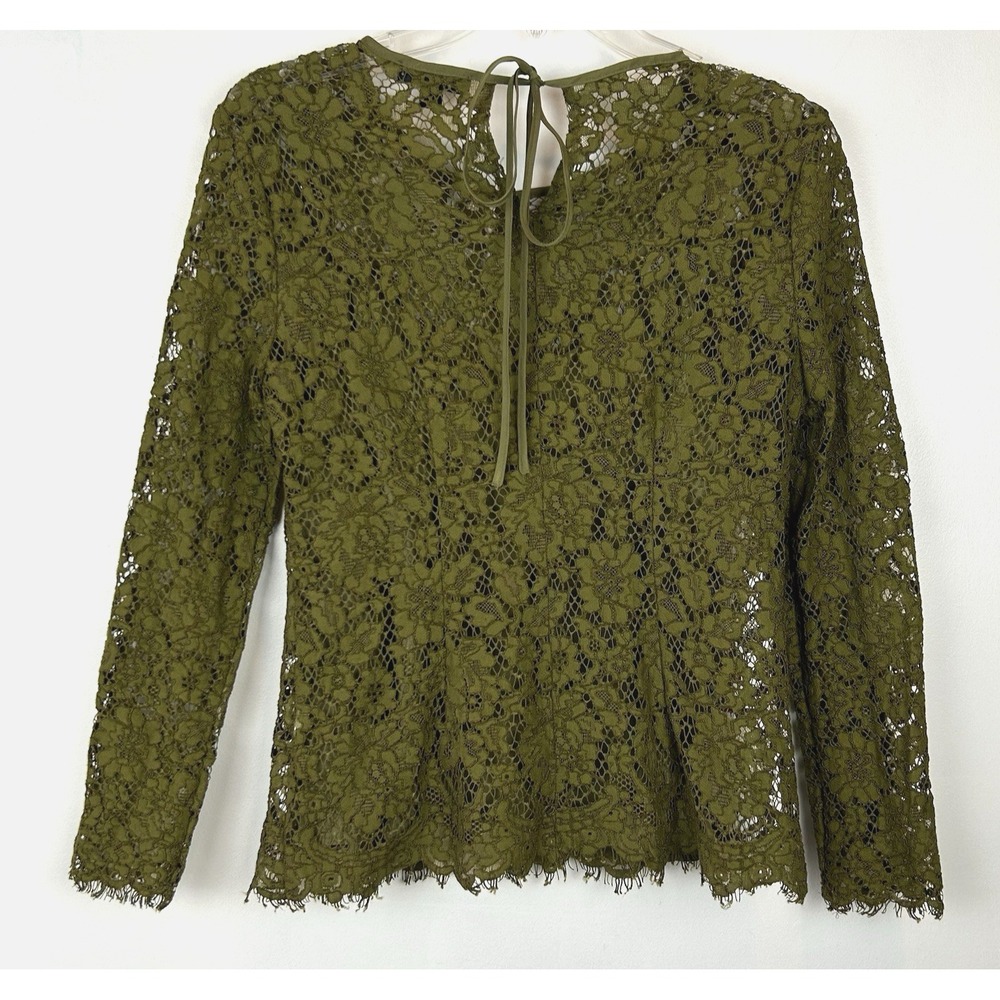 J Crew Lace Top Womens 2 Petite Long Sleeve Shirt Olive Green Sheer Sleeve - Picture 2 of 12